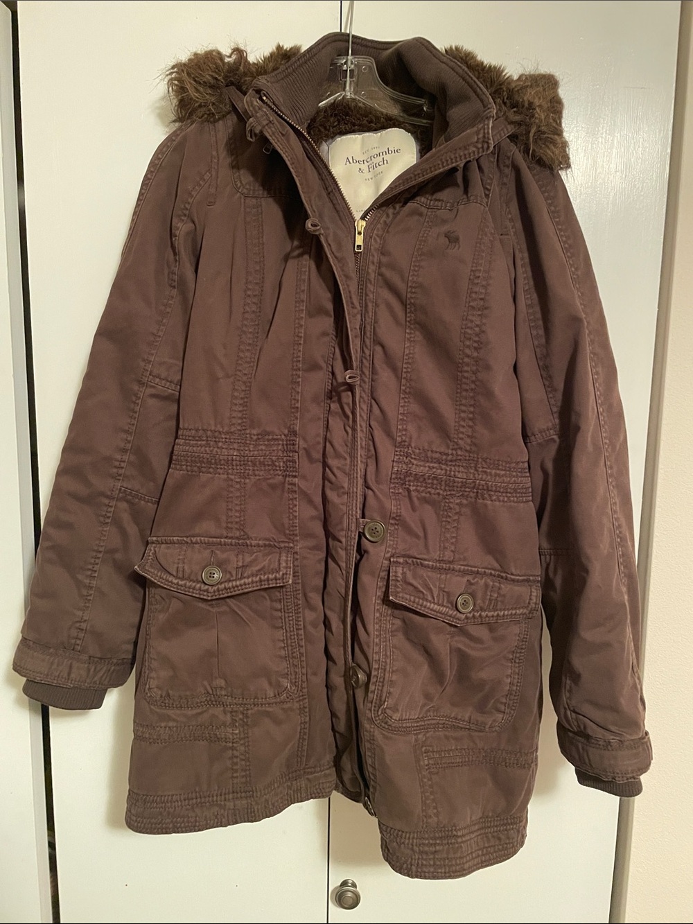 Abercrombie & Fitch Women’s Brown Hooded Field Parka with Faux Fur Trim Size L